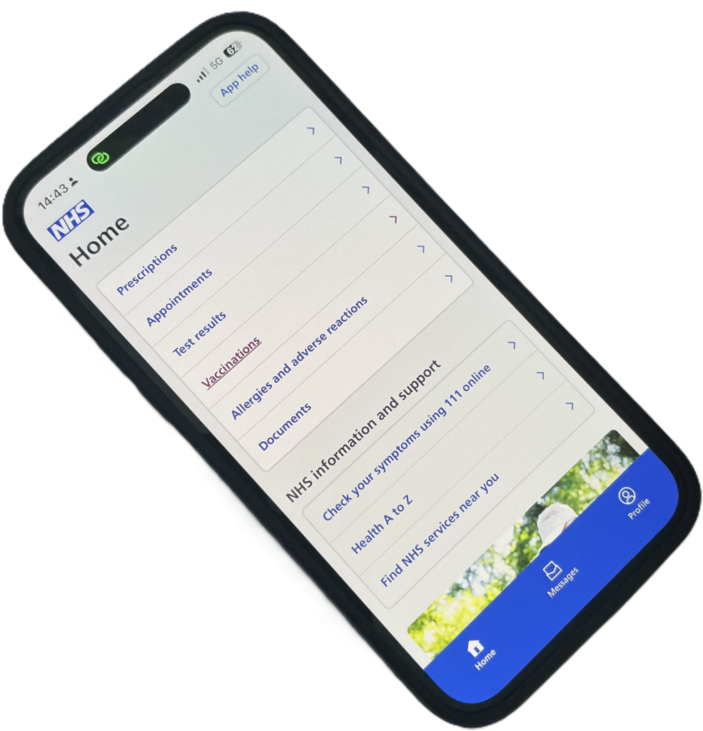 NHS App homepage viewed on an iPhone 14Pro