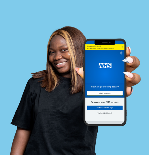 Woman holding a smart phone with the NHS app open